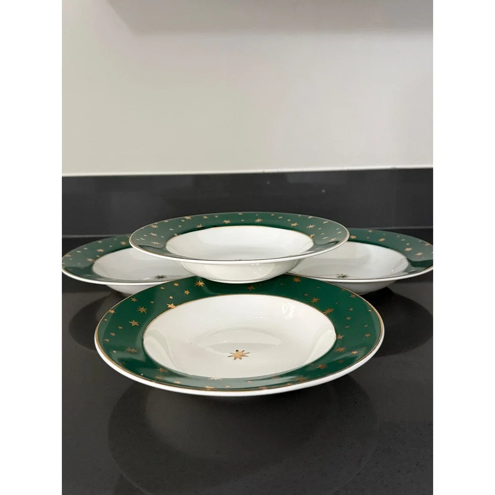 Vtg Sakura Galaxy Fine Porcelain Bowls Set of 4 Green 14k Gold‎ Stars Celestial